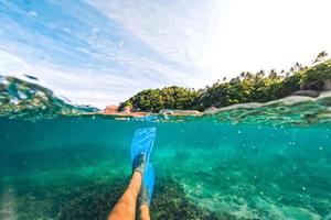 palma tropicale dell'isola e sott'acqua, snorkeling nel mare foto