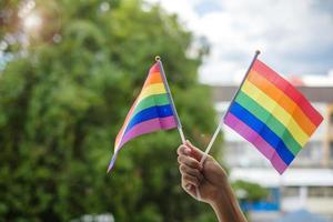 mani che mostrano la bandiera arcobaleno lgbtq su sfondo verde della natura. sostenere la comunità lesbica, gay, bisessuale, transgender e queer e il concetto di mese dell'orgoglio foto