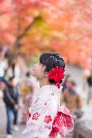 giovane turista che indossa un kimono godendo con foglie colorate nel tempio di kiyomizu dera, kyoto, giappone. ragazza asiatica con acconciatura in abiti tradizionali giapponesi nella stagione del fogliame autunnale foto