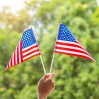 mano che tiene la bandiera degli stati uniti d'america su sfondo verde. festa degli Stati Uniti dei veterani, memoriale, indipendenza e concetto di festa del lavoro foto