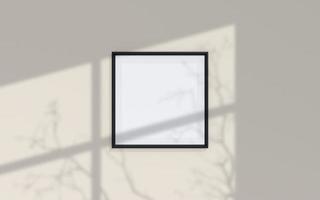 vista frontale pulita e minimalista mockup quadrato nero per foto o poster appeso al muro con sovrapposizione di ombre. rendering 3D.