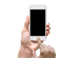 mano femminile che tiene il touch screen mobile dello Smart Phone su bianco foto