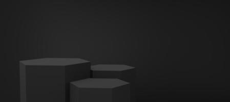 3 podio esagono nero vuoto che galleggia su sfondo nero spazio copia. oggetto di forma geometrica 3d studio minimale astratto. spazio mockup del piedistallo monotono per la visualizzazione del design del prodotto. rendering 3D. foto