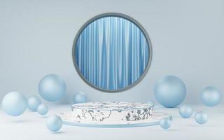 podio cilindrico vuoto in marmo bianco con bordo blu, strisce, palla su arco circolare grigio e sfondo a tendina. Oggetto di forma geometrica 3d. spazio mockup del piedistallo per la visualizzazione. rendering 3D. foto