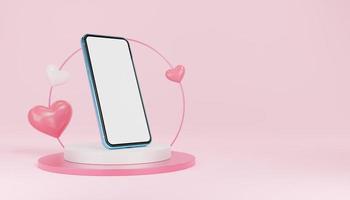 telefono cellulare blu su podio cilindro bianco con cerchio rosa, palloncini cuori su arco e sfondo spazio copia. spazio mockup per smartphone moderno con schermo bianco vuoto. rendering 3D. foto
