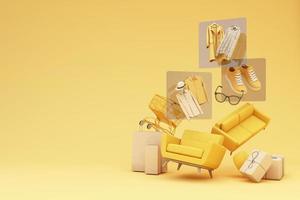 i vestiti di moda durante lo shopping online le promozioni e gli sconti saranno circondati da magliette, scarpe, occhiali da sole e scatole regalo e pacchetti con banner di spazi pubblicitari sfondo pastello rendering 3d foto