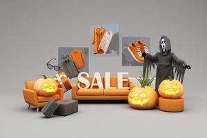 poster o banner di promozione di vendita di halloween con zucca di halloween e vestiti per lo shopping di moda e confezione regalo con scena del podio del prodotto. sito web spettrale, sfondo per banner modello di halloween. rendering 3d foto