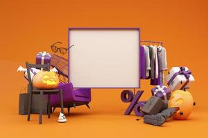 poster o banner di promozione di vendita di halloween con zucca di halloween e vestiti per lo shopping di moda e confezione regalo con scena del podio del prodotto. sito web spettrale, sfondo per banner modello di halloween. rendering 3d foto