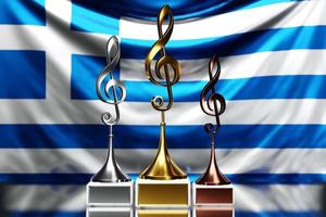premi a chiave di violino per aver vinto il premio musicale sullo sfondo della bandiera nazionale della grecia, illustrazione 3d. foto