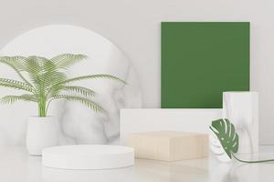 Rendering 3d del display astratto del podio del piedistallo con foglie di monstera tropicale. concetto di prodotto e promozione per la pubblicità. sfondo naturale verde. foto