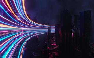 Rendering 3D del concetto di paesaggio urbano notturno cyber punk. luce che emette luce su una scena oscura. vita notturna. rete tecnologica per 5g. oltre la generazione e il futuristico della capitale fantascientifica e della scena edilizia. foto