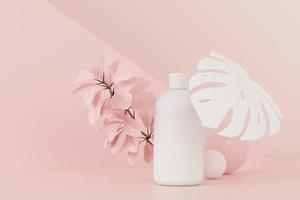 Rendering 3d di prodotti per la cura della pelle di cosmetici vuoti o imballaggi per mock up. concetto di sapone e spa di bellezza. lozione olio idratante per la salute della pelle. design premium e di lusso per il branding. foto