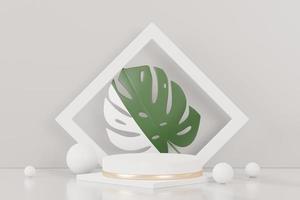 Rendering 3d del display astratto del podio del piedistallo con foglie di monstera tropicale. concetto di prodotto e promozione per la pubblicità. sfondo naturale verde. foto