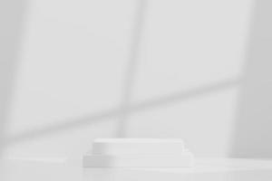 3d sfondo astratto podio bianco per la presentazione del prodotto e la pubblicità del marchio con ombra di finestre e tetto. scena vuota per il mock up. foto