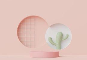 Rendering 3d di podio astratto minimo per mostrare prodotti, presentazione cosmetica e mock up con alberi di cactus. scena della vetrina con tono della terra pastello e sfondo dell'ambiente tropicale. foto