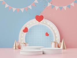 Rendering 3d della scena minima del podio vuoto con il tema di San Valentino. espositore per la presentazione del prodotto mock up. stadio a cilindro in dolce e adorabile colore rosa con un design semplice. foto