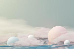 Rendering 3d di palla pastello, bolle di sapone, macchie che galleggiano nell'aria con soffici nuvole e oceano. terra romantica della scena dei sogni. cielo da sogno astratto naturale. foto