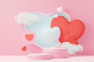 3d rendono scena dolce minima con podio di visualizzazione per mock up e presentazione del marchio del prodotto. piedistallo rosa per il tema di San Valentino. sfondo carino bel cuore. stile di design del giorno dell'amore. foto