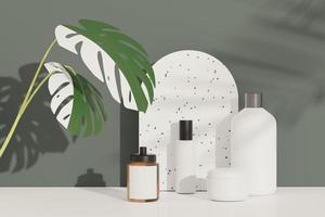 Rendering 3d di prodotti per la cura della pelle di cosmetici vuoti o imballaggi per mock up. disegno terrazzo. concetto di sapone e spa di bellezza. lozione olio idratante per la salute della pelle. design premium e di lusso per il branding. foto