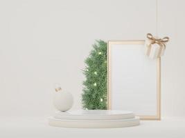 Podio di visualizzazione 3d per presentazione di prodotti e cosmetici con buon natale e felice anno nuovo concetto. geometrico moderno. piattaforma per simulare e mostrare il marchio. design minimale e pulito. foto