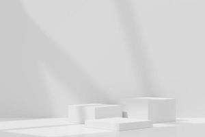 3d sfondo astratto podio bianco per la presentazione del prodotto e la pubblicità del marchio con ombra di finestre e tetto. scena vuota per il mock up. foto
