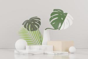 Rendering 3d del display astratto del podio del piedistallo con foglie di monstera tropicale. concetto di prodotto e promozione per la pubblicità. sfondo naturale verde. foto