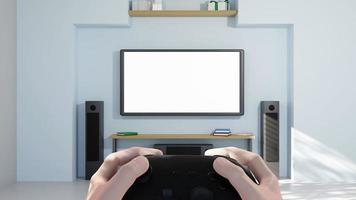 tenere in mano il controller di gioco con la televisione nell'illustrazione di rendering 3d della stanza foto