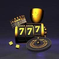 slot machine, roulette, corona, dadi e coppa d'oro. elementi del casinò neri con accenti dorati. illustrazione di rendering 3d. foto