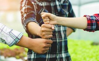 unendo le mani per sostenersi a vicenda lavorando come una squadra all'interno di un concetto di lavoro di squadra di una fattoria di ortaggi biologici foto