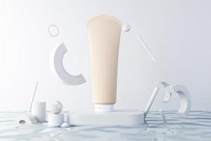 mockup di prodotti cosmetici su podi geometrici. sfondo e forma geometrica sull'acqua per la presentazione del rendering 3d realistico e cosmetico foto