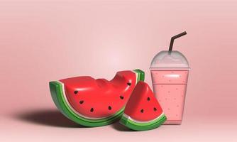 Banner di anguria 3d e fette succose, illustrazione 3d di succo di anguria, concetto di frutta fresca e succosa di cibo estivo. foto