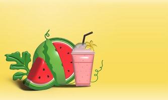 Banner di anguria 3d e fette succose, illustrazione 3d di succo di anguria, concetto di frutta fresca e succosa di cibo estivo. foto