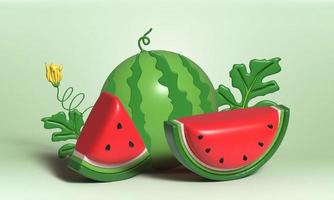 Banner di anguria 3d e fette succose, illustrazione 3d di succo di anguria, concetto di frutta fresca e succosa di cibo estivo. foto