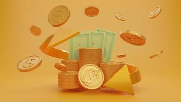 portafoglio, pila di monete, contanti e frecce d'oro. concetto di risparmio di denaro, isolare lo sfondo. rendering 3D foto