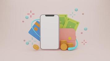 smartphone con display vuoto, smartphone per pagamenti finanziari, portafoglio digitale, monete e carta di credito. shopping app mobile, cashback e servizi bancari, risparmio di denaro, illustrazione di rendering 3d foto