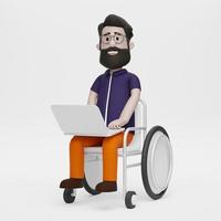 l'uomo disabile 3d viene a lavorare con la sedia a rotelle felice foto