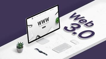 presentazione del concetto di world wide web con pagina web sul display del computer in posizione isometrica. testo web 3.0 accanto foto