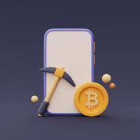 concetto di bitcoin mining con piccone, moneta bitcoin e smartphone, criptovaluta, servizi di tecnologia blockchain, stile minimale. rendering 3d. foto