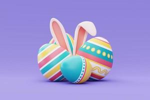 uova di pasqua colorate con orecchie da coniglio su sfondo viola, concetto di vacanza di buona pasqua. stile minimal, rendering 3d. foto