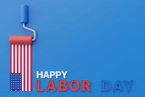 concetto di felice festa del lavoro usa con bandiera americana e vernice a rullo di spugna, strumenti di costruzione su sfondo blu, rendering 3d foto