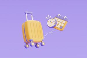 concetto di tempo per viaggiare, prenotazione di biglietti aerei online con valigia gialla e calendario, turismo e piano di viaggio per il viaggio, vacanze, rendering 3d foto