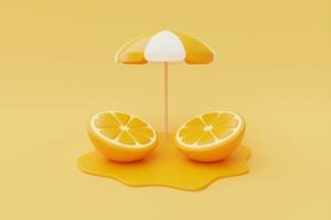 fetta d'arancia con ombrellone isolato su sfondo arancione, frutta estiva, rendering 3d. foto