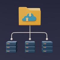 concetto di tecnologia di archiviazione cloud con rack per server e simbolo della nuvola blu sull'icona della cartella, database online, trasferimento di informazioni sui dati, stile minimo. rendering 3d. foto