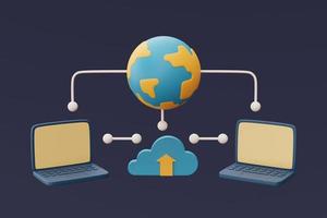 concetto di tecnologia di archiviazione cloud con il simbolo della nuvola blu e il computer, la condivisione dei dati gobal, il database online, le informazioni sui dati di trasferimento, lo stile minimo. rendering 3d. foto