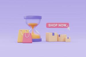 shopping online con clessidra, shopping bag e cassette dei pacchi, tempo di marketing e promozioni di vendita flash concrpt, rendering 3d. foto