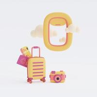 3d rendering della finestra dell'aeroplano con valigia, macchina fotografica e passaporto, turismo e concetto di viaggio, vacanze stile minimal. foto