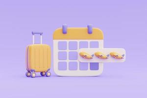 concetto di tempo per viaggiare, prenotazione di biglietti aerei online con calendario, aeroplano giallo e valigia, piano turistico e di viaggio per il viaggio, vacanze, rendering 3d foto