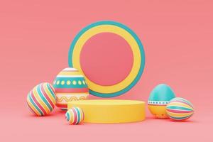 Rendering 3d di uova di Pasqua colorate con podio, concetto di vacanza di buona Pasqua. Stile minimal, rendering 3d. foto