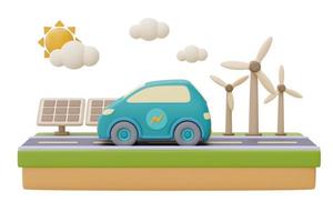 fonte alternativa di concetto di elettricità, auto elettrica su una strada con turbine eoliche e pannelli solari sullo sfondo, eco friendly, energia pulita, rendering 3d. foto