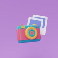 Cornice per foto 3d con fotocamera colorata su sfondo viola, turismo e piano di viaggio per il concetto di viaggio, vacanze, tempo di viaggio, rendering 3d